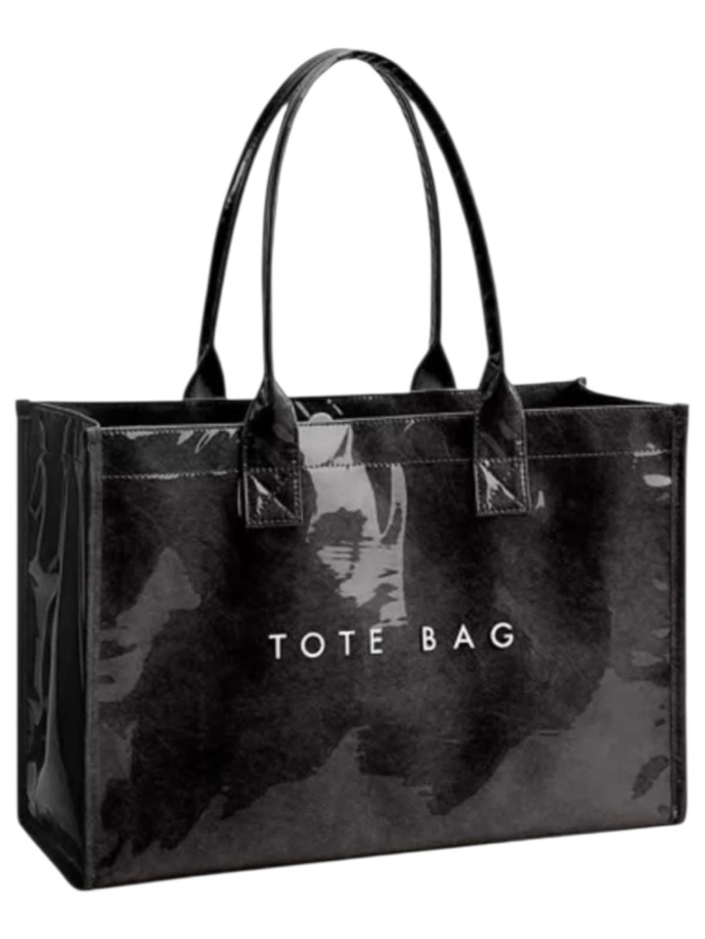 Black Patent Tote Bag with Printed 'TOTE BAG'